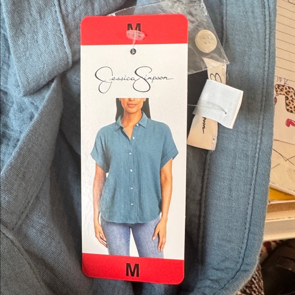 Jessica Simpson Women’s Short Sleeve Gauze Teal Top Sz M NWT - Picture 6 of 6